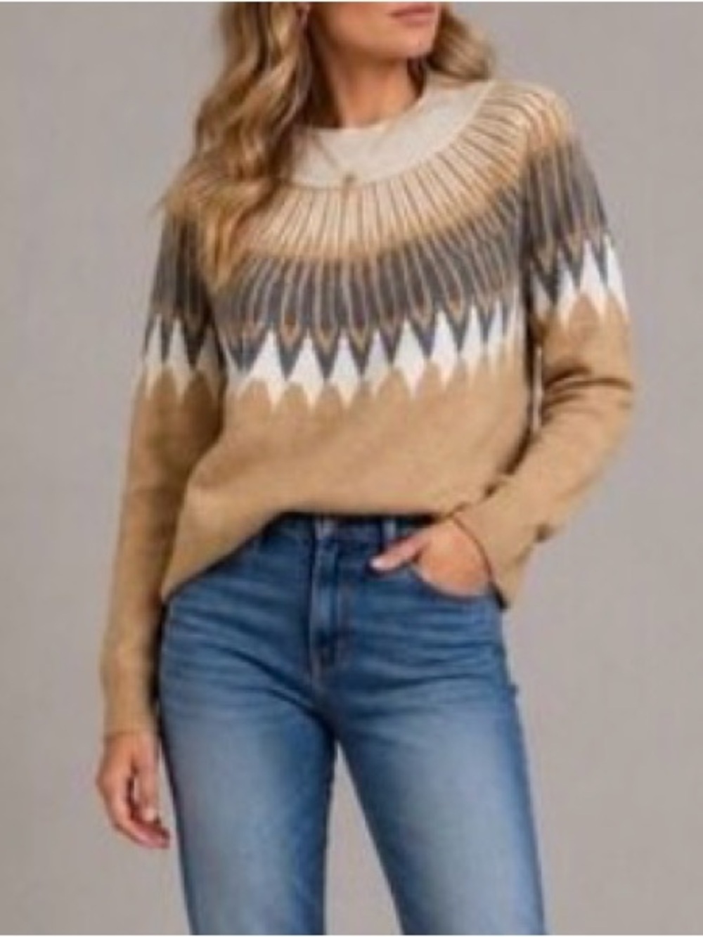 LOFT Tan Cream and Gray Fair Isle Turtleneck Sweater